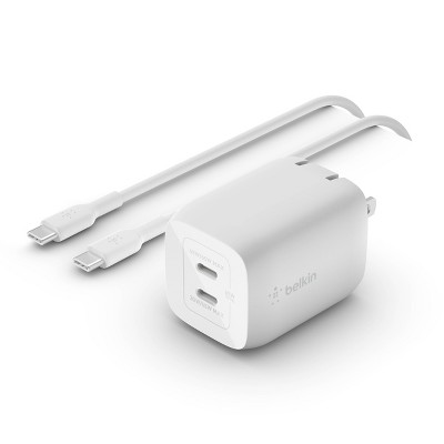 Belkin 65W Dual USB-C Bundle with 2M USB-C to USB-C Cable - White: Smart Retractable Charger