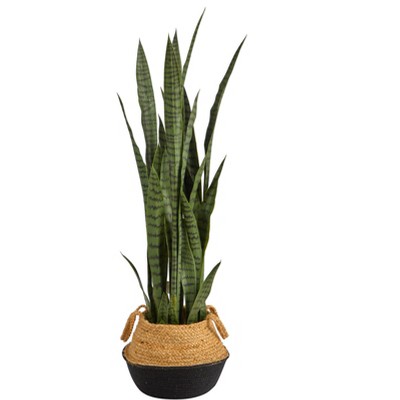 Nearly Natural 46-in Artificial Sansevieria Snake Plant in Boho Chic Handmade Cotton & Jute Black Woven Planter