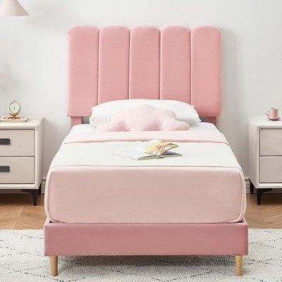 Twin Bed Frame, Velvet Upholstered Platform Bed with Wave Headboard for Girls/Kids, No Box Spring Needed