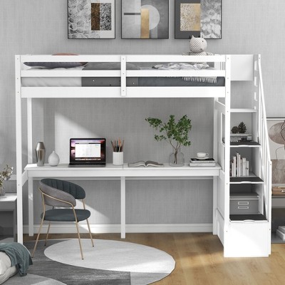 CAVINAS Twin Size Loft Bed with Desk Pinewood Bed Frame with Guardrail and Storage Stairs for Bedroom