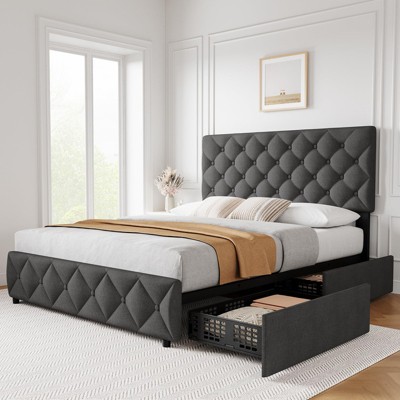 Full/Queen/King Size Bed Frame with 4 Storage Drawers and Adjustable Headboard, Linen Upholstered Platform Bed Frame, Diamond Stitched Button Tufted