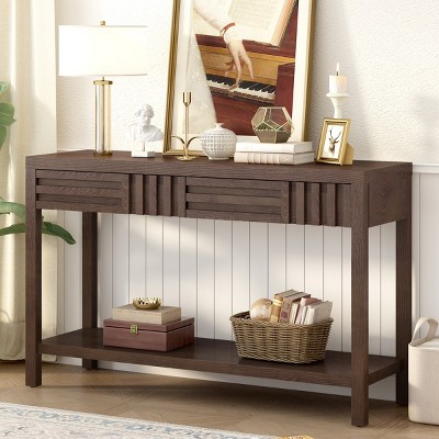 51.3" Living Room Console Table,Ash Veneer Entryway Table with Double Drawers,Rectangular Accent Table with Open Shelf Storage-Cuddlewood