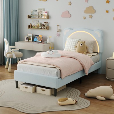Twin XL Bed Frame, Kids Upholstered Platform Bed Frame with Adjustable Headboard & Led Light