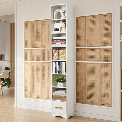 VECELO Tall Narrow Corner Bookcase, Enclosed Free-Standing Storage Cabinet with Open Shelves and Dust-Free Organization, White