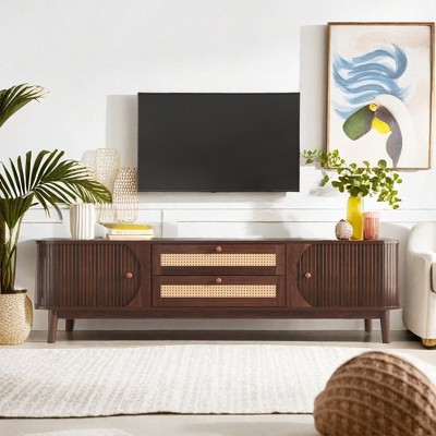 Angel Sar Rattan TV Stand Up To 75" With Sliding Door, Mid-Century Modern Media TV Console Table, Brown
