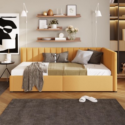 Twin Size Sofa Bed Frame, Linen Fabric Upholstered Daybed with 2 Storage Drawers, No Box Spring Needed - ModernLuxe