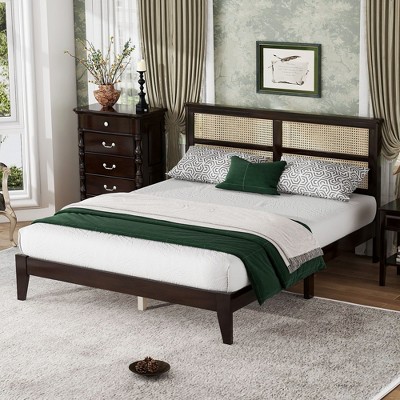 Sapphtopaz Bed Frame with Rattan Headboard Platform Bed Frame with Slats Support, No Box Spring Needed, Beds for Bedroom, Apartment