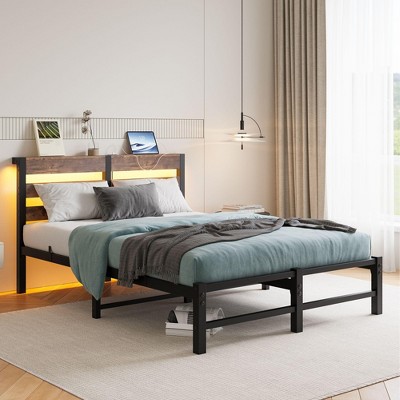 Kumasinova Twin/Full/Queen Bed Frame with USB Charging,Metal Bed Frames with Headboard,LED Bed with Sturdy Steel Slats for Bedroom