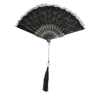 Unique Bargains Lace Trim Orchid with Tassel Folding Fan 1 Pc