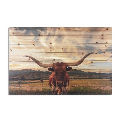 24" x 36" Longhorn Print on Planked Wood Wall Sign Panel - Gallery 57: Modern Style, Animal Artwork, No Battery Required