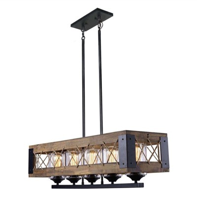 LNC Laius 5-Lights 32" Black and Brown Wood Modern Farmhouse Large Chandelier,Rectangle Island Lights, with 5 Glass Shade