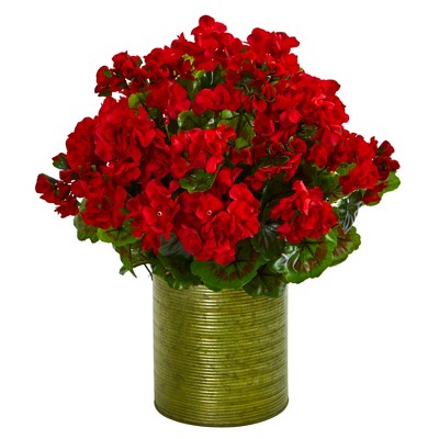 Nearly Natural Geranium Artificial Plant in Metal Planter UV Resistant (Indoor/Outdoor), Red