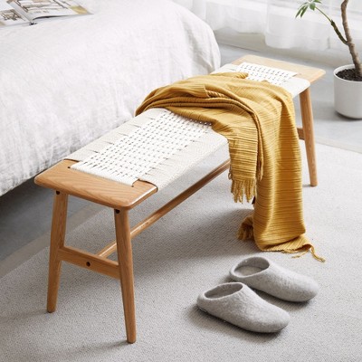 CAVINAS Modern Natural Solid Wood Ottoman Bench With Woven Top,Simple Dining Bench for Living Room,Dining Room