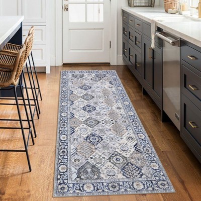 Area Rug - Washable Vintage Floral Print Boho Rug with Non-Slip Backing, Indoor Carpet for Entryway, Living Room, Kitchen, Bedroom Laundry Room