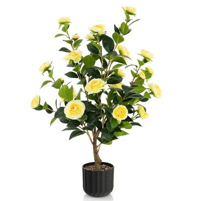 Tangkula 38" Artificial Camellia Tree Faux Floral Plant Fake Tree for Decoration Yellow