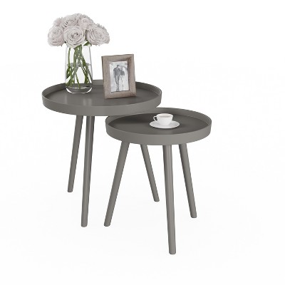 Nesting End Tables- Set of 2 Round Mid-Century Modern Accent Table with Tray Top in Brown- Side Table for Living Room by Lavish Home