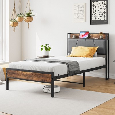 CAVINAS Twin Size Bed Frame with Storage Headboard, with Charging Station, Solid and Stable, Noise Free