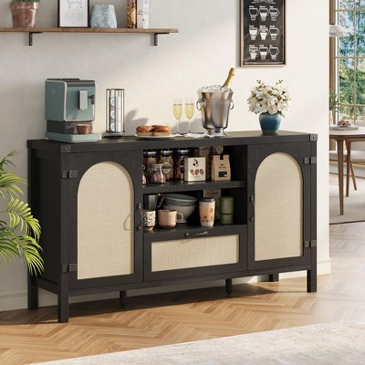 Rattan Sideboard Buffet Cabinet with Drawer & Open Shelves, Boho Farmhouse Coffee Bar for Kitchen, Dining or Living Room