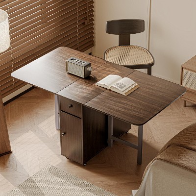 ATJafurn 58.9'' Folding Table No Assembly Required, Rectangular Wooden Extendable Dinning Table With Wheels And Storage