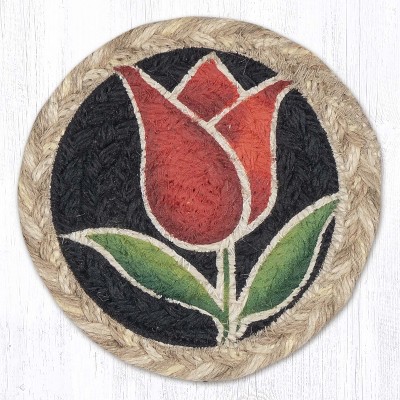 Earth Rugs Red Tulip Jute Coaster – 5"x5" Round Braided Natural Jute Floral Coaster for Rustic Spring Decor