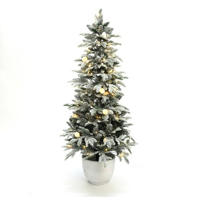 LuxenHome 5Ft Flocked Artificial Tree Potted and Pre-Lit with 100 Lights Green