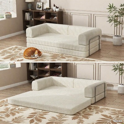 Convertible Corduroy Sleeper Sofa Bed,Folding Mattress Couch with Fixed-Shape Frame, 3 Seater Fold Out King Size Futon, Floor Couch for Living Room