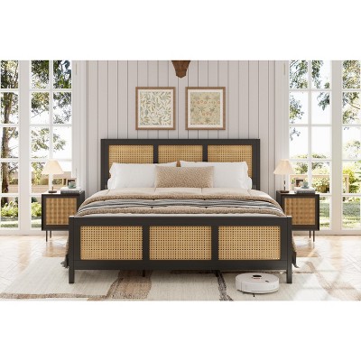 King Size Rattan Bed Frame with Headboard, Black Boho Cane Platform Bed Frame with Strong Metal Slat,Black