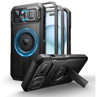 Dexnor for iPhone 15 Case with Slide Camera Cover & Adjustable Kickstand & Built-in Screen Protector, Magnetic Rugged Shockproof Cases