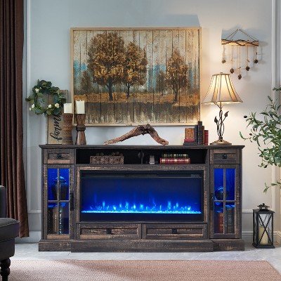 SinCiDo 70" Fireplace TV Stand for 80 Inch TV, Farmhouse TV Stand w/Door & Drawers