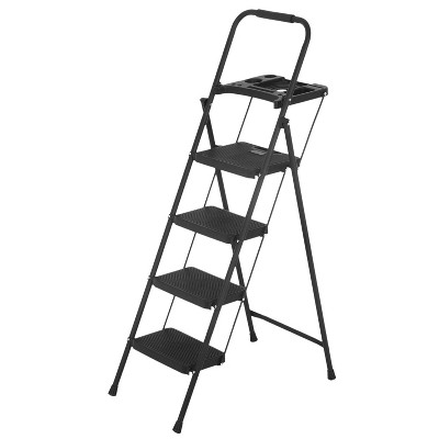 FDW Portable 4-Step Folding Step Ladder with Multifunctional Tray for Kitchen& Household, Black