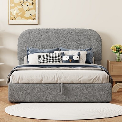 Whisen Queen Size Teddy Fleece Upholstered Platform Bed with Curved Headboard, Hydraulic Storage