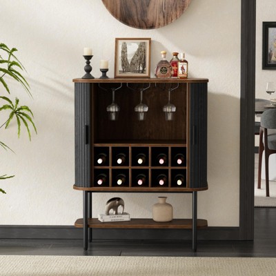 Coffee Bar Cabinet with Sliding Doors, Glass Holder & Wine Rack, Buffet Sideboard Liquor Cabinet