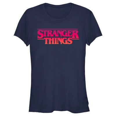 Juniors Womens Stranger Things Pink Logo T-Shirt