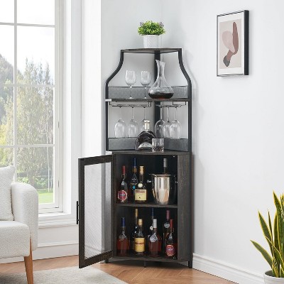 Corner Bar Cabinet with Glass Holder, Industrial Wine Cabinet with Adjustable Shelf, Liquor Cabinet Bar Cabinet, Corner Display Cabinet