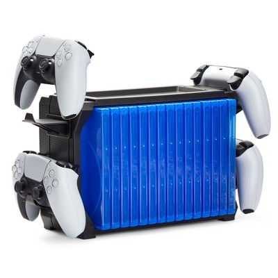 ionX Video Game Storage Stand Fits 4 Controllers for Playstation 5 4 PS5 PS4 / Xbox 360 One X S/ Game Cases Blu-Ray and DVD, Holds 15 Cases (Black)