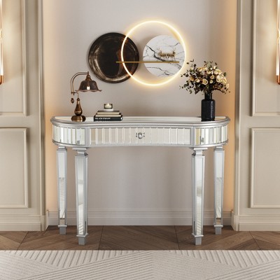 Half-Moon Mirrored Console Table with Fluted Glass & Crystal Knob Drawer, Sofa Accent Table, Entryway Vanity Desk - ModernLuxe