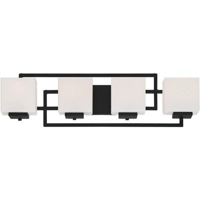 Possini Euro Design Modern Wall Light Black Hardwire 29" 4-Light Fixture White Rectangular Glass Shade for Bathroom Vanity Home