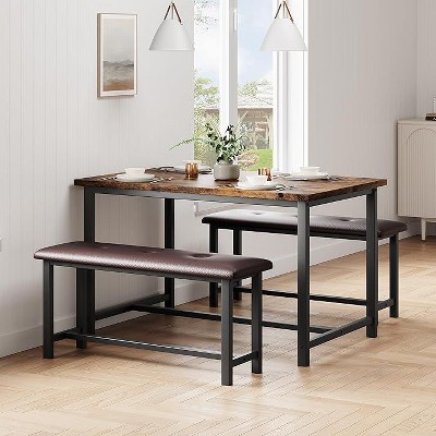 Small Kitchen Table Set with 2 Upholstered Bench, 3 Piece Farmhouse Rectangular Dining Room Table Set, Space Saving Dining Table for Apartment