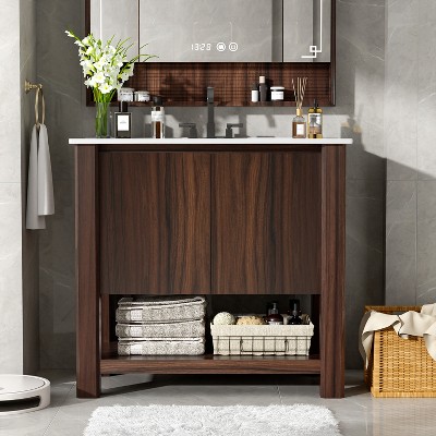 Grungis Modern Bathroom Vanity with Rectangle Ceramic Sink,Bathroom Cabinet with Free-Handle Soft-Closing Doors and Open Shelf