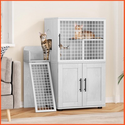 Cat Litter Box Enclosure with Cat Tree & House - Multi-Functional Furniture Style Hidden Litter Box Cabinet