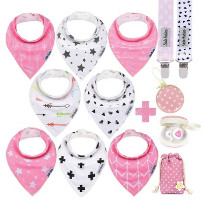 Dodo Babies Bandana Drool Bib Set - Eight 100% Cotton Bibs with Soft Polyester Lining, 2 Pacifier Clips, Binky Case
