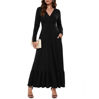 Coolmee Women Spring Fall Maxi Dress Long Sleeve V Neck Casual Flowy Pleated Ruffle Long Dress with Pockets