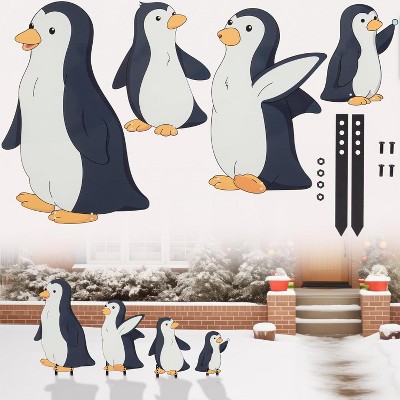 SCS Direct Metal Yard Signs- Set of 4 Different Penguin Designs- Large 16" Durable Outdoor Lawn Decorations w Metal Stakes for Easy Set Up