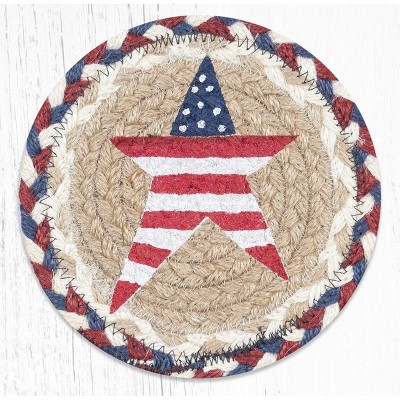 Earth Rugs Round Large Coaster – Primitive American Star Design, Braided Jute, Rustic Patriotic Table Accent, 7"x7"