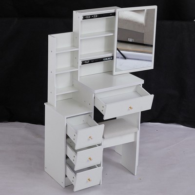 PAGED Vanity Table and Chair Set, 29.2" Compact Left-Side Bedside Dressing Table with Oversized Touch-Sensitive Sliding LED Mirror