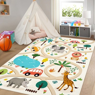 Kids Rug Colorful Animal Non-Slip Carpet for Classroom Bedroom Playroom, Indoor Road Car Educational Area Rug