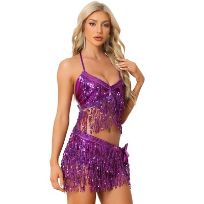 Allegra K Women's Sequins Tassel Crop Top and A Line Sparkly Dance Shiny Skirts Set