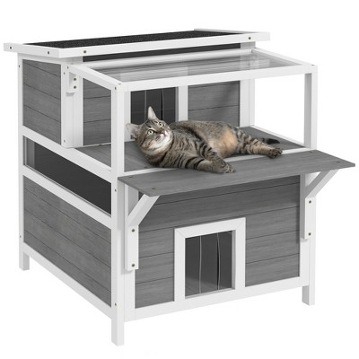 PawHut Outdoor Cat House with Balcony, Feral Cat Shelter with Weatherproof Openable Top, Escape Door, Removable Panel & Floor, for Backyard, Outside