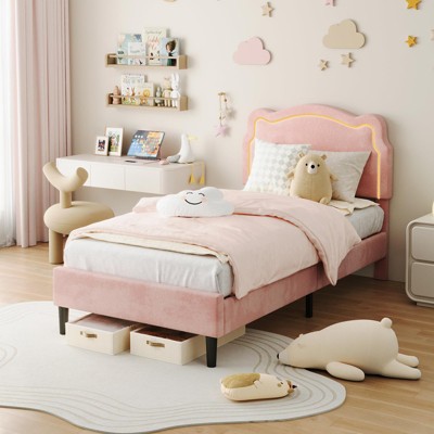 Twin Size Bed Frame with Storage Drawer , Velvet Princess Platform Bed with Adjustable Headboard, Wood Slats Support