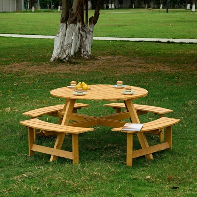 DSVIMOY Patio Picnic Table, 8 Person Round Picnic Table with 4 Built-in Benches, Picnic Table with Umbrella Hole, Yellow, 70.08"*70.08"*27.17"